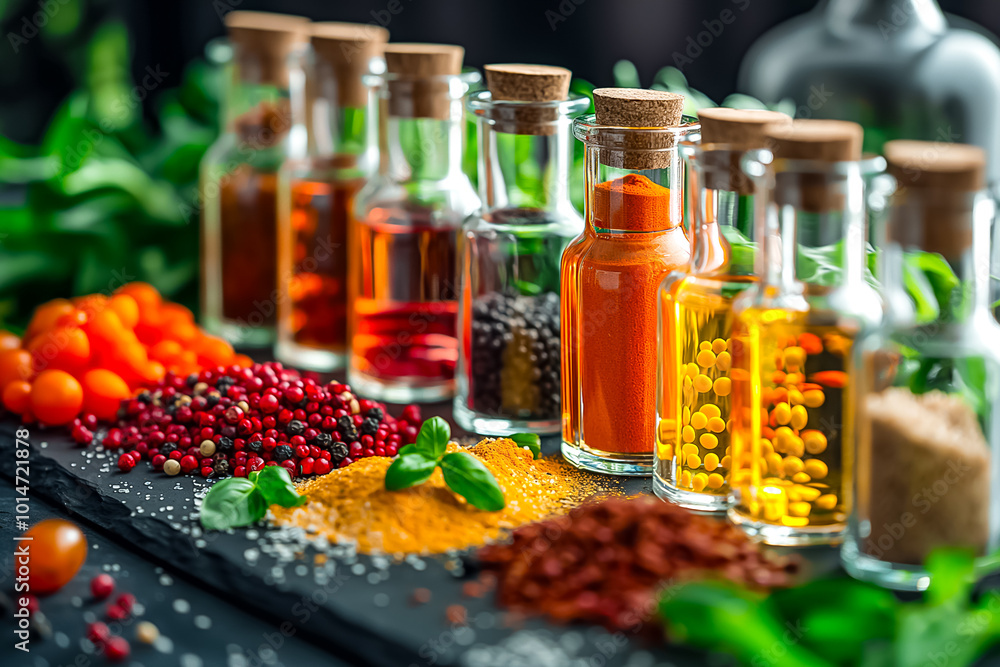 Colorful spices and herbs are arranged in clear glass bottles on a dark countertop, complemented by fresh ingredients like tomatoes and greens, creating a culinary setting Colorful spices and herbs are arranged in clear glass bottles on a dark countertop, complemented by fresh ingredients like tomatoes and greens, creating a culinary setting
