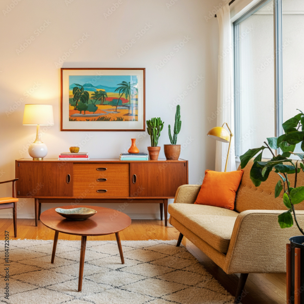 Fototapeta premium Mid-Century Modern Living Room with Stylish Wooden Furniture and Retro D�cor