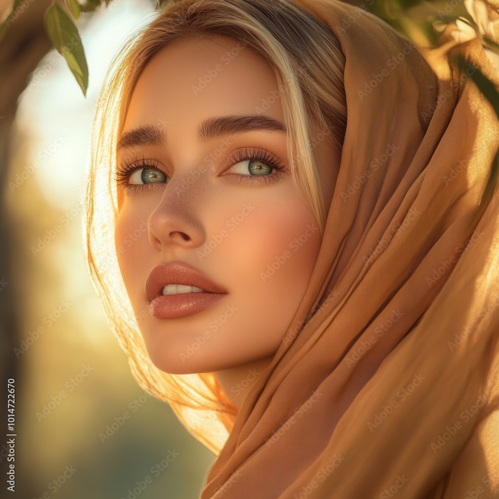 Portrait of a young woman in a golden scarf amidst a sunlit natural backdrop Portrait of a young woman in a golden scarf amidst a sunlit natural backdrop