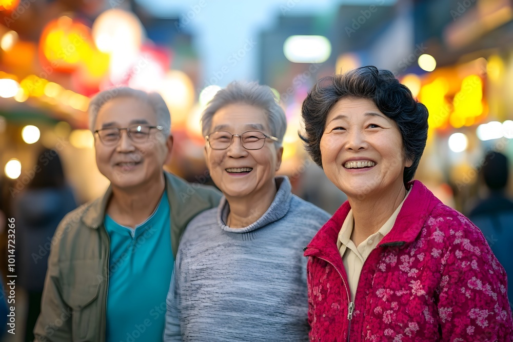 Candid photo of a group of senior citizens curiously browsing and shopping at a vibrant night market in the heart of Seoul South Korea Candid photo of a group of senior citizens curiously browsing and shopping at a vibrant night market in the heart of Seoul South Korea