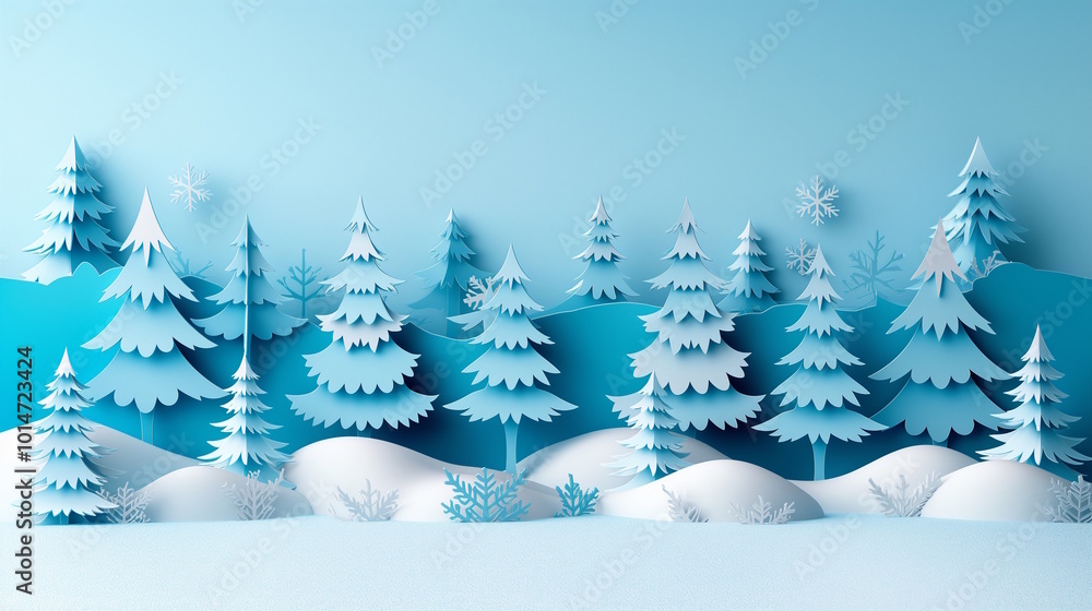 Snowy paper forest with snowflakes on blue background A scenic winter landscape made of paper trees and snowflakes on a blue backdrop, symbolizing a peaceful holiday atmosphere Snowy paper forest with snowflakes on blue background A scenic winter landscape made of paper trees and snowflakes on a blue backdrop, symbolizing a peaceful holiday atmosphere