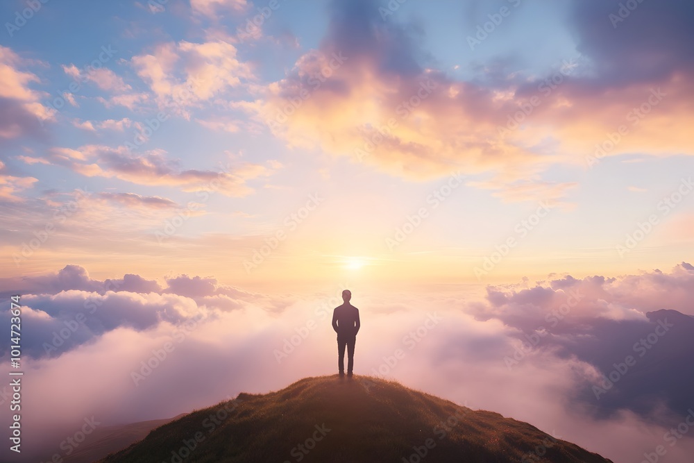 Fototapeta premium Silhouetted figure standing on a hill gazing into the majestic dreamlike landscape at sunset or sunrise