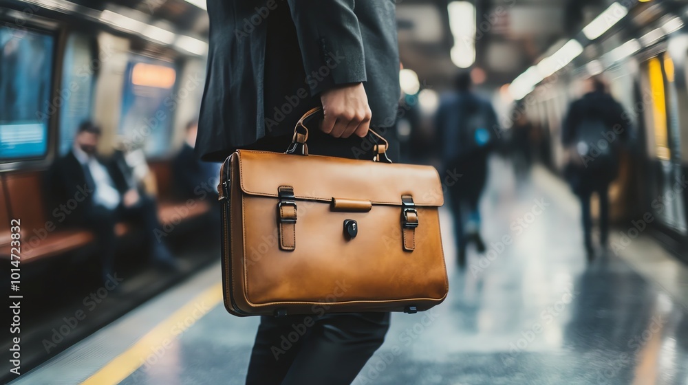 Fototapeta premium A man in a suit carries a leather briefcase as he stands on a subway platform.