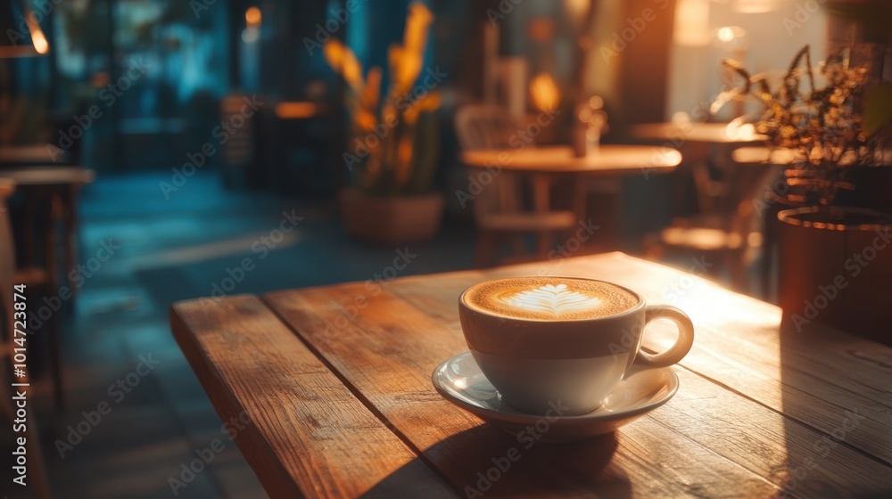 Latte art in a creamy cup of coffee, served in a cozy cafe with soft lighting, creating a warm and comforting scene. Latte art in a creamy cup of coffee, served in a cozy cafe with soft lighting, creating a warm and comforting scene.