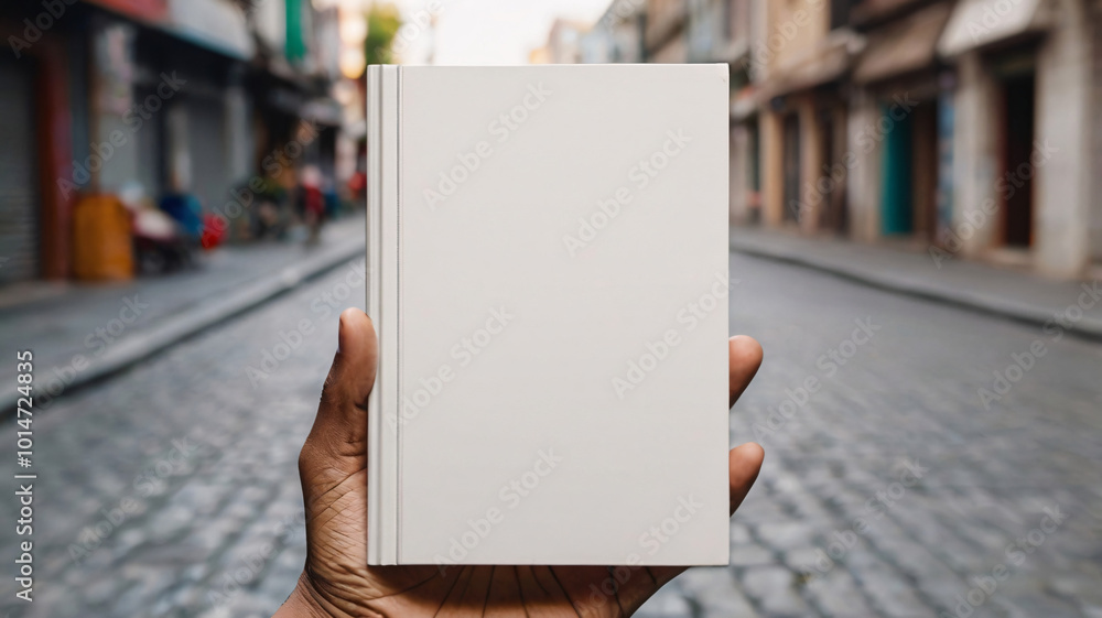Man's hand holding a book with blank cover under blurred street background for copy space of mock up, 3D model, rendering & presentation. Man's hand holding a book with blank cover under blurred street background for copy space of mock up, 3D model, rendering & presentation.