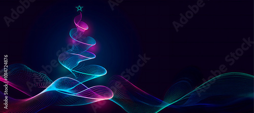 A glowing abstract Christmas tree formed by neon lines on a dark background, perfect for futuristic holiday designs and modern festive greeting cards
