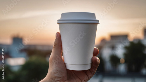 A hand holding blank white take away paper cup of coffee on blurred street background for copy space of mock up, 3D rendering, & photo. 