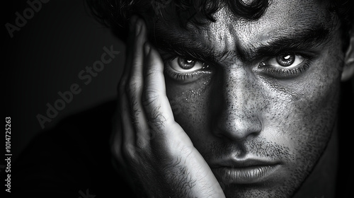 close up black and white portrait of a man with short hair looking intensely into the camera