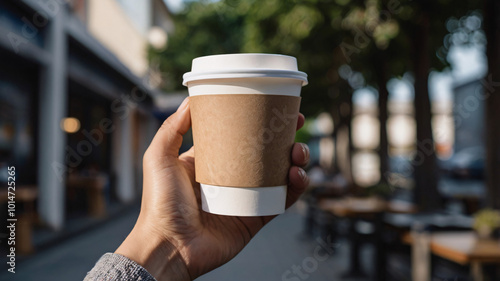 A hand holding white take away paper cup of coffee with blank coffee sleeve on blurred street background for copy space of mock up, 3D rendering, & photo. 