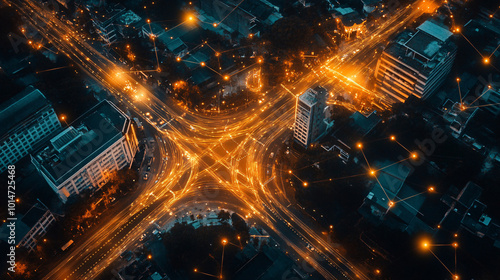 Aerial View of City Intersection at Night with Light Trails