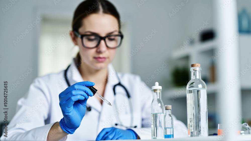 A scientist in a lab coat and glasses examines various bottles on a table, focused and curious about their contents A scientist in a lab coat and glasses examines various bottles on a table, focused and curious about their contents