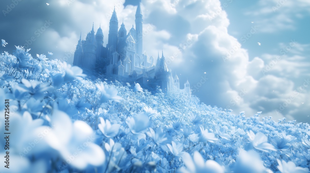 Majestic castle rises amidst a field of ethereal blue flowers, set against a dreamy sky with fluffy clouds. Majestic castle rises amidst a field of ethereal blue flowers, set against a dreamy sky with fluffy clouds.