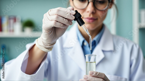 A scientist in a lab coat and glasses examines various bottles on a table, focused and curious about their contents