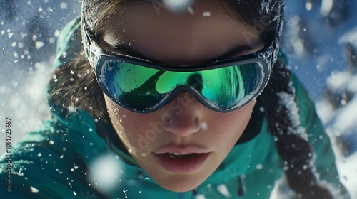 Dynamic shot of a snowboarder wearing reflective goggles, captured in mid-action, highlighting the thrill of winter sports.