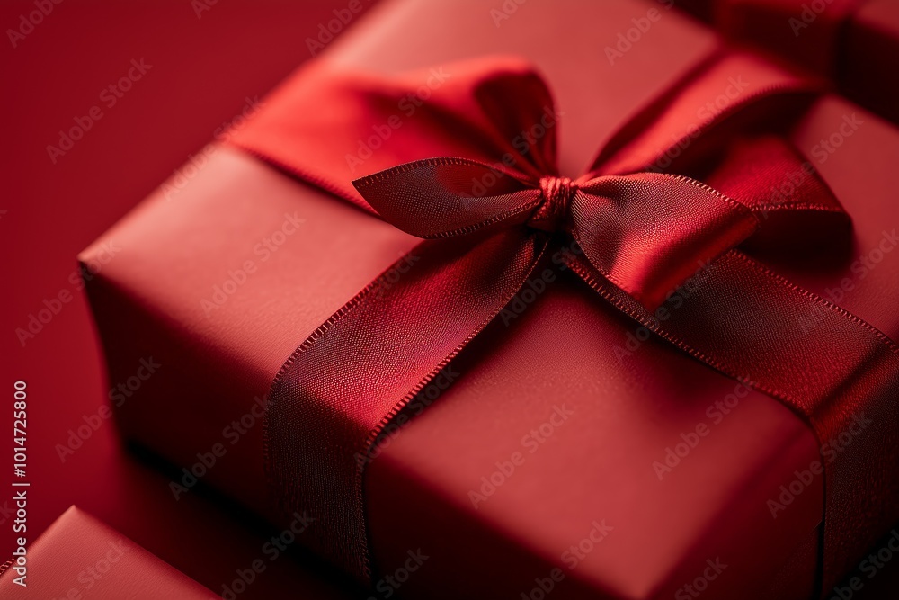 A close-up of a beautifully wrapped red gift box with a glossy satin ribbon, perfect for special celebrations or holidays. A close-up of a beautifully wrapped red gift box with a glossy satin ribbon, perfect for special celebrations or holidays.