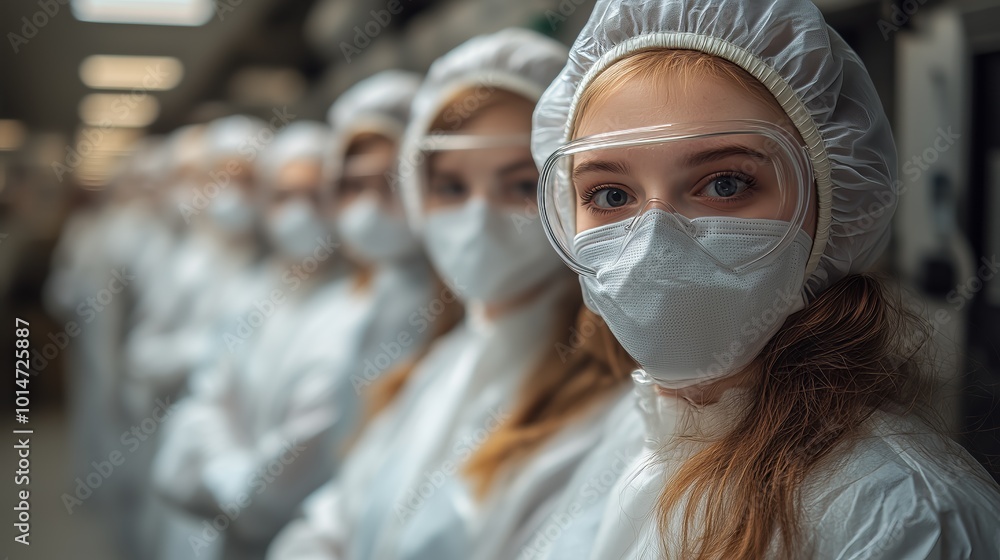 Focused scientists in lab suits and masks ensure safety and precision in a high-tech laboratory environment. Focused scientists in lab suits and masks ensure safety and precision in a high-tech laboratory environment.