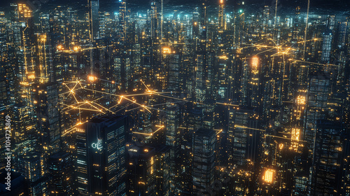 Futuristic Cityscape with Glowing Network Connections