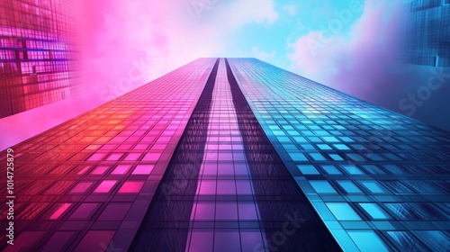 Wallpaper Mural Skyscraper with vibrant synthwave colors, positioned on a simple, spacious background. Torontodigital.ca