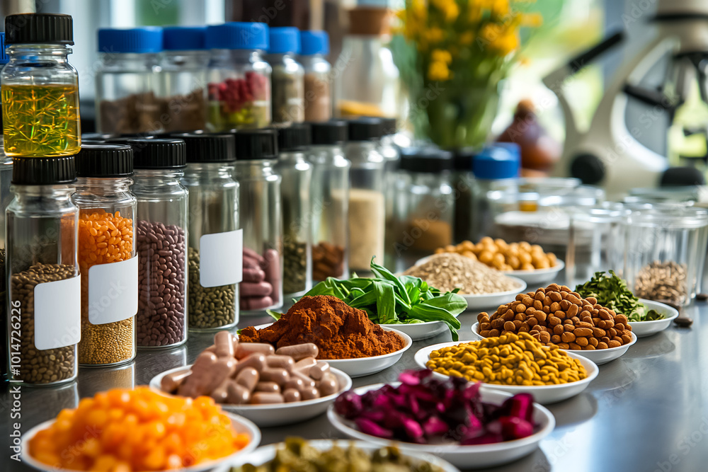 An array of spices and herbs neatly organized in jars and plates on a kitchen table, showcasing vibrant colors and textures in a bright environment An array of spices and herbs neatly organized in jars and plates on a kitchen table, showcasing vibrant colors and textures in a bright environment