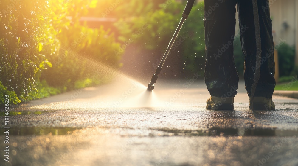 Man using high-pressure washer on outdoor patio, surrounded by lush greenery and sunlight, creating a fresh, clean surface. Man using high-pressure washer on outdoor patio, surrounded by lush greenery and sunlight, creating a fresh, clean surface.