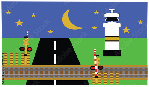 Design element illustration of night atmosphere in the middle of a road intersection with a railroad crossing. under the bright stars and moon.