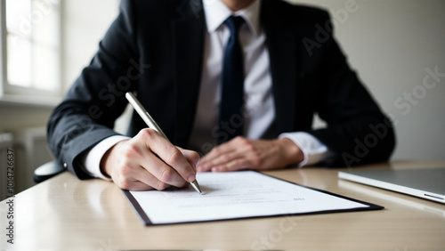 A man in a suit is signing a document on a table, demonstrating professionalism and attention to detail