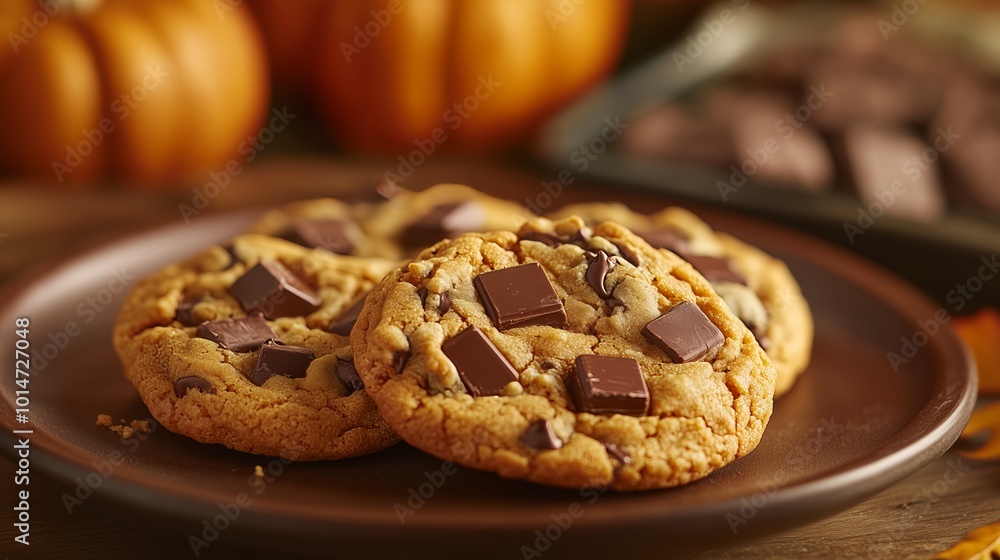 Warm, gooey chocolate chip cookies served on a plate, surrounded by rustic autumn decor, evoking cozy fall vibes. Warm, gooey chocolate chip cookies served on a plate, surrounded by rustic autumn decor, evoking cozy fall vibes.
