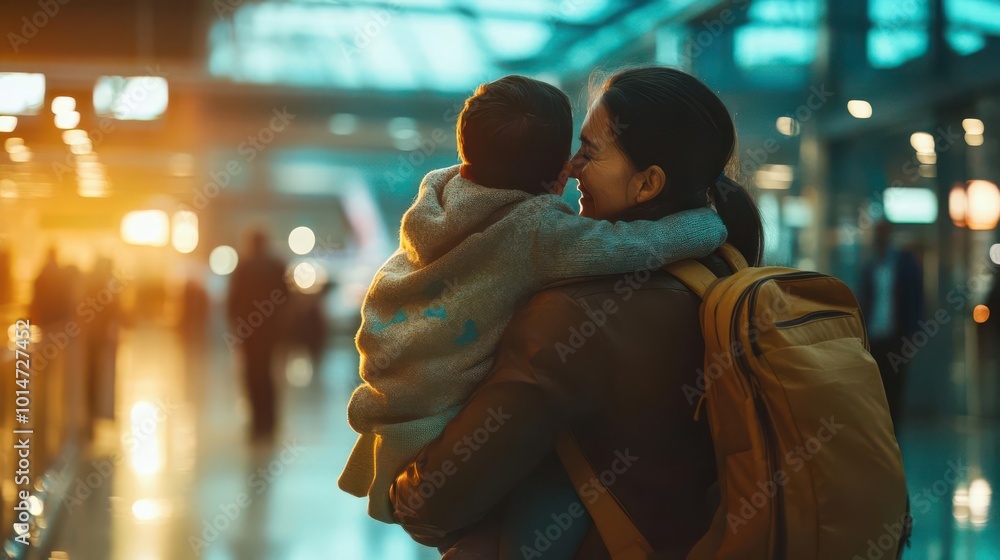 A family wishing safe travels for the family member taking a trip at an airport A family wishing safe travels for the family member taking a trip at an airport