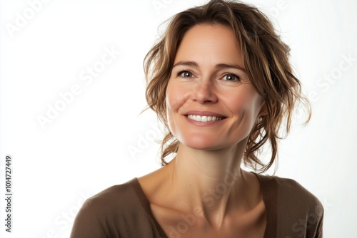 Confident woman smiling warmly, captured in a close-up portrait against a plain white background, conveying friendliness and positivity.