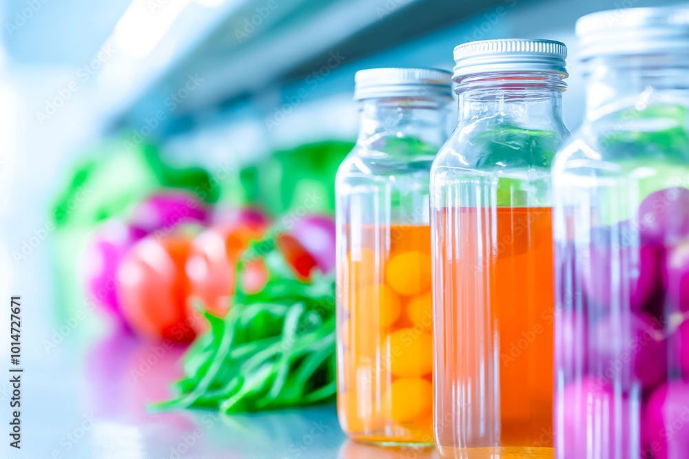 A collection of bottles filled with fresh juices is displayed next to various colorful vegetables in a bright kitchen, highlighting a healthy lifestyle choice A collection of bottles filled with fresh juices is displayed next to various colorful vegetables in a bright kitchen, highlighting a healthy lifestyle choice
