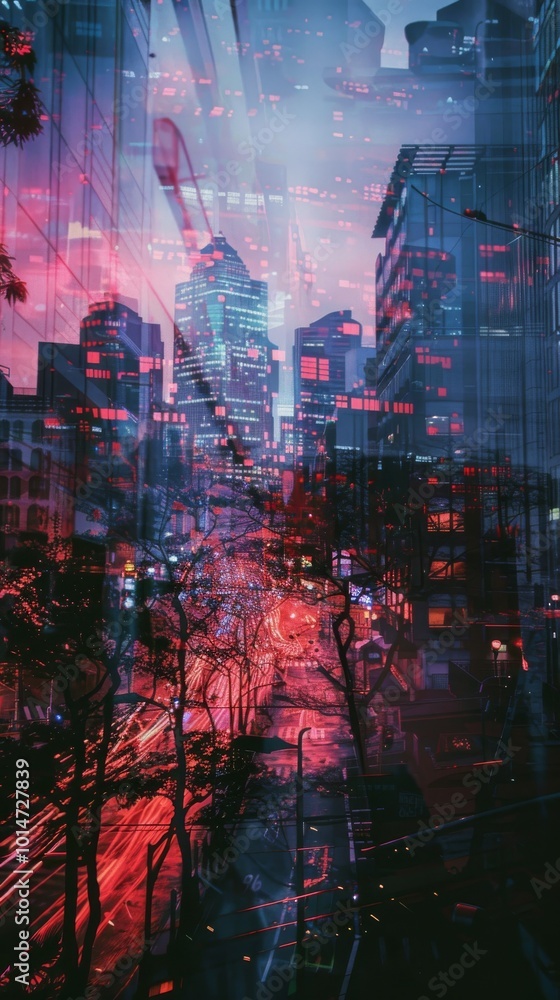 A cityscape with a blurry background and a red and blue sky A cityscape with a blurry background and a red and blue sky
