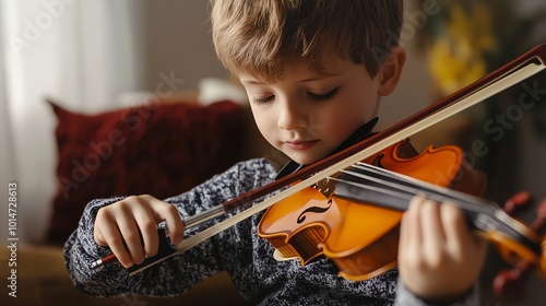 A young boy playing the violin. photo