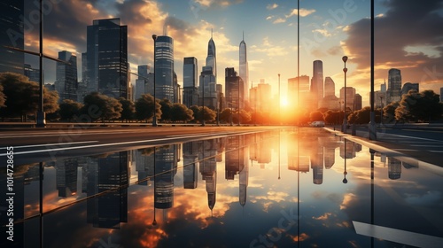 Modern office building or business center. High-rise windor buildings made of glass reflect the clouds and the sunlight. photo