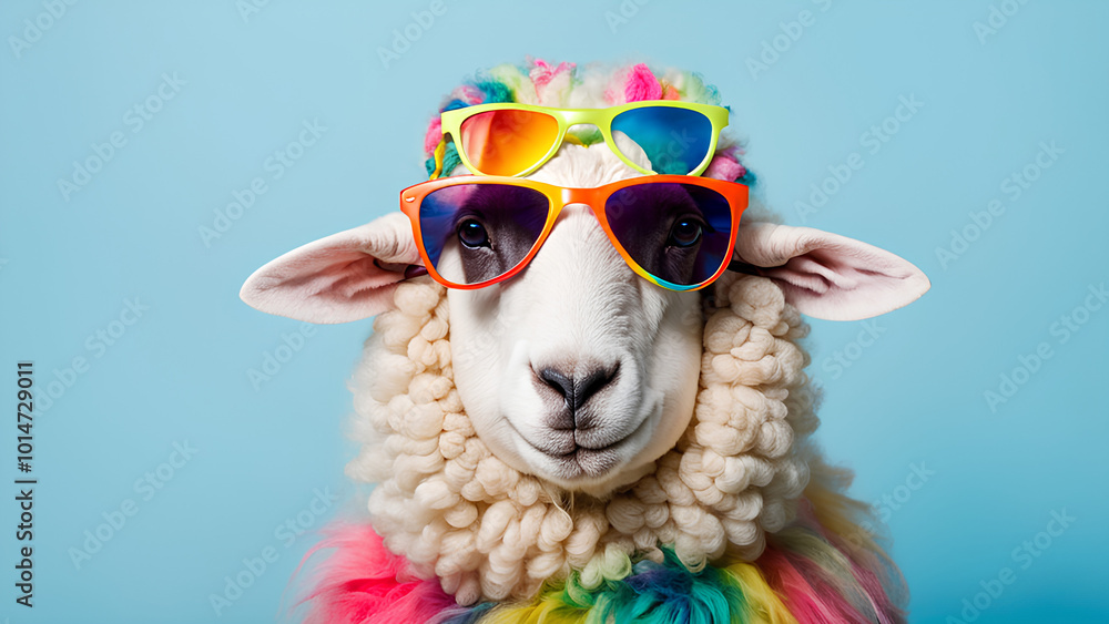 Fototapeta premium Trendy Sheep in Sunglasses: A Fashionable Portrait on Blue Background