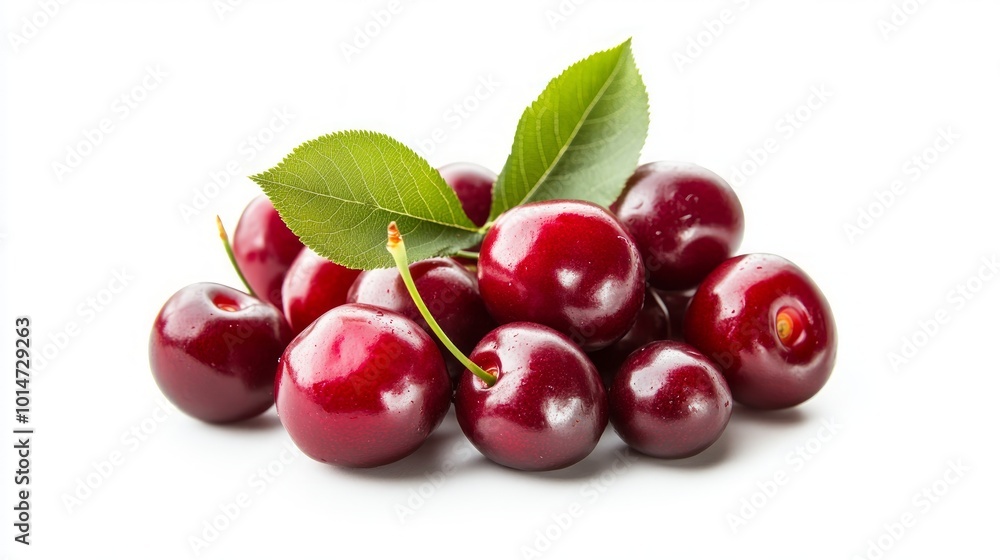A pile of ripe red cherries with green leaves on a white background. A pile of ripe red cherries with green leaves on a white background.