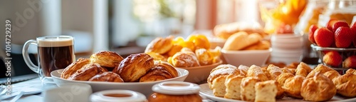 A vibrant breakfast spread featuring pastries, coffee, and fruits, perfect for morning gatherings or brunch experiences.