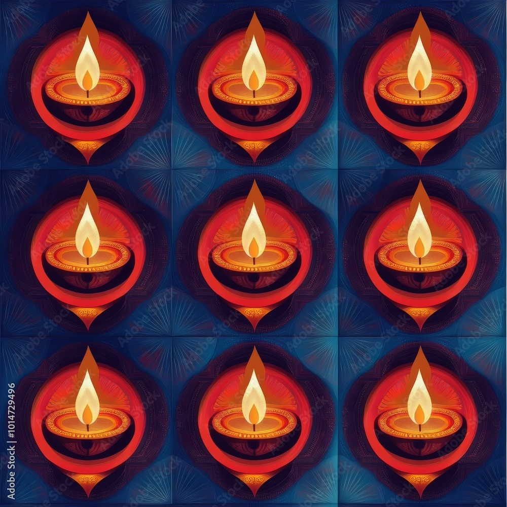 A series of candles in a blue and red pattern. The candles are lit and the pattern is made up of squares A series of candles in a blue and red pattern. The candles are lit and the pattern is made up of squares