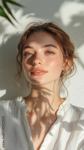 A serene portrait captures a woman with radiant skin, emphasizing her organic beauty routine against a clean, earthy background