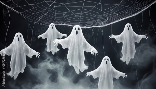 Soft background with white ghosts floating in the air and spider webs