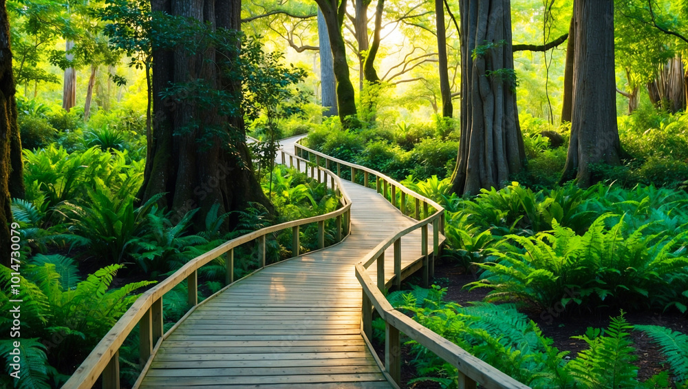 Wooden Pathway Winding Through a Sunlit Forest with Towering Trees and Lush Green Ferns Wooden Pathway Winding Through a Sunlit Forest with Towering Trees and Lush Green Ferns
