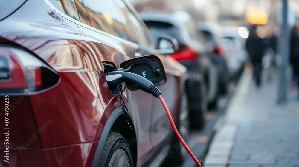 A red electric car is plugged in to a charging station on a city street. A red electric car is plugged in to a charging station on a city street.