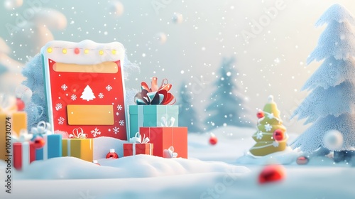 Wallpaper Mural Colorful gifts and a whimsical Christmas tree set in a snowy landscape, creating a magical holiday scene full of joy. Torontodigital.ca