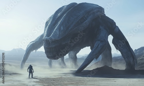 A lone figure stands before a giant alien beast. photo