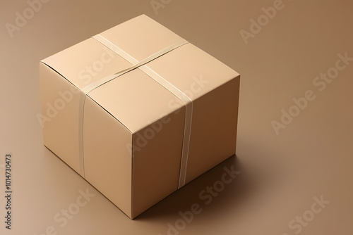 A neatly wrapped gift box in a light brown color, tied with a simple ribbon. The box is placed on a smooth, neutral-toned surface, creating a minimalist and elegant presentation.