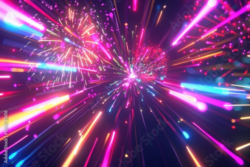 Futuristic Neon Fireworks Display with Dynamic Light Streaks for New Year's Celebration Design