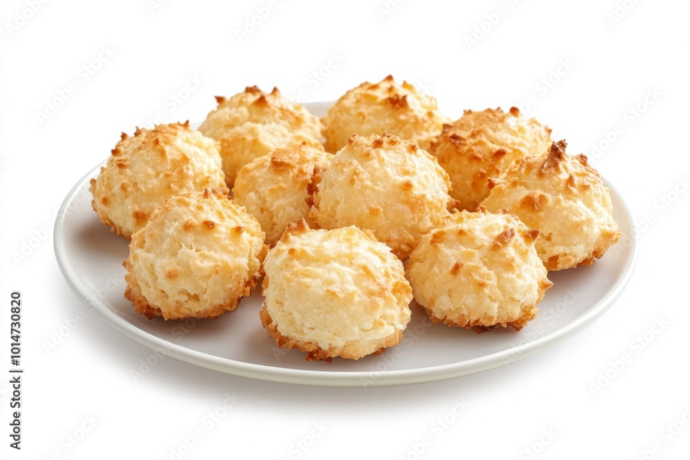 Perfectly baked coconut macaroons with golden tips, presented on a minimalistic white plate, captured for a luxurious magazine photo. Perfectly baked coconut macaroons with golden tips, presented on a minimalistic white plate, captured for a luxurious magazine photo.