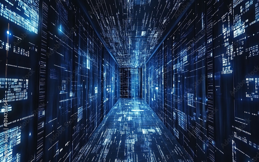 A futuristic hallway filled with data streams, showcasing the power of technology. A futuristic hallway filled with data streams, showcasing the power of technology.