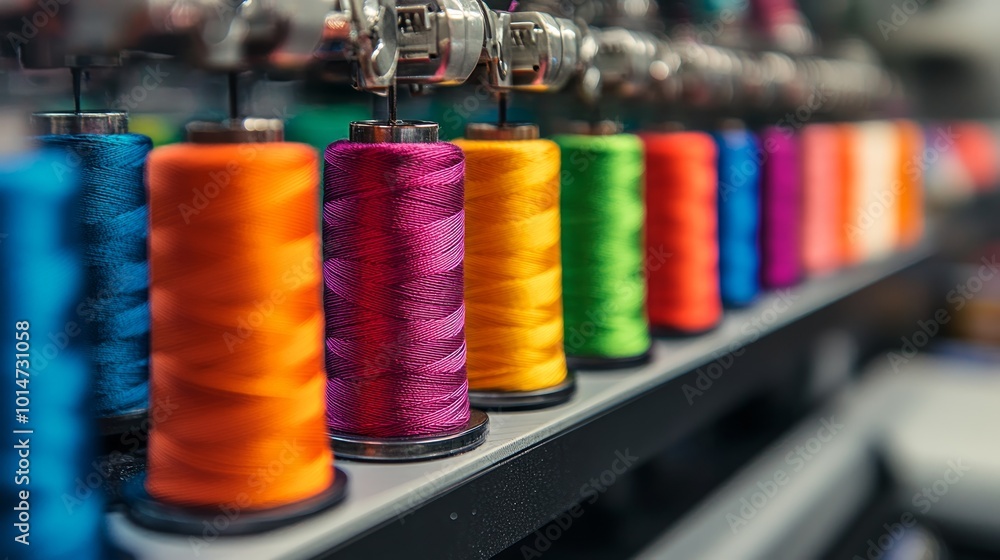A row of colorful spools of thread on a machine in a textile factory.