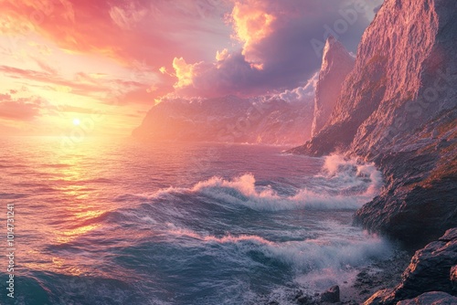 Coastal cliffs with crashing waves and vibrant sunset colors lighting the horizon, captured with ultra realism and epic composition, perfect for high-quality photography.