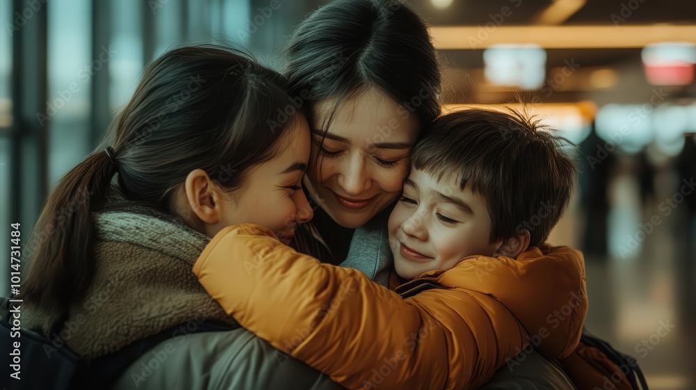 A family wishing safe travels for the family member taking a trip at an airport A family wishing safe travels for the family member taking a trip at an airport